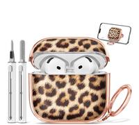 Ensfomte Coque pour AirPods 4, avec verrou de sécurité imprimé léopard pour AirPod 4e génération, pour femmes et filles, étui mignon Y2k iPod 4 avec porte-clés et kit de nettoyage - Jaguar marron
