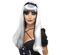 Ensorcelant Perruque Femme Long Argent Et Noir Déguisement Halloween Foncé Alice