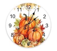 Ensound Horloge murale d'automne en forme de citrouille orange en bois silencieuse, sans tic-tac, fonctionne à piles, horloge ronde en forme de feuille d'érable d'automne pour la maison, le salon, le