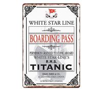 Ensound Plaque en métal vintage blanche avec motif étoile pour carte d'embarquement Titanic - Décoration murale pour maison, salon, chambre, bureau, hôtel, café et pub - 30,5 x 20,3 cm