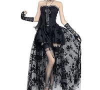 ensswliz Costume de mariée morte d'Halloween pour femmes - Robe corset de mariée cadavre fantôme et voile - Ensemble bandeau floral pour tenues de cosplay (G-noir, taille L)