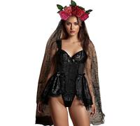 ensswliz Costume de mariée morte d'Halloween pour femmes - Robe corset de mariée cadavre fantôme et voile - Ensemble bandeau floral pour tenues de cosplay (F-noir, M)