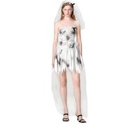 ensswliz Costume de mariée morte d'Halloween pour femmes - Robe corset de mariée cadavre fantôme et voile - Ensemble bandeau floral pour tenues de cosplay (C-blanc, taille L)