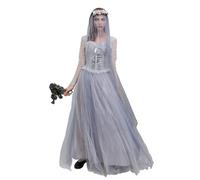 ensswliz Costume de mariée morte d'Halloween pour femmes - Robe corset de mariée cadavre fantôme et voile - Ensemble bandeau floral pour tenues de cosplay (A-gris, M)