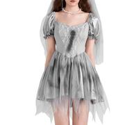 ensswliz Costume de mariée morte pour femmes - Robe corset à manches courtes et col en cœur en maille pour Halloween et costumade (D-gris, XL)