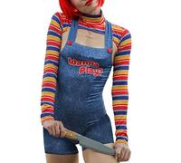 ensswliz Costume d'Halloween 2 pièces pour femme - Poupée tueuse de cauchemar effrayante - Robe de personnage de film Chucky, a-bleu, S