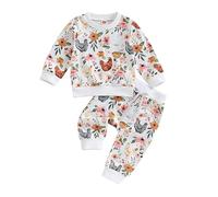 ensswliz Ensemble de 2 vêtements de ferme pour bébé fille avec imprimé poussins et fleurs, sweat à manches longues + jogging/pantalon à taille élastique, A - Blanc, 12-18 mois
