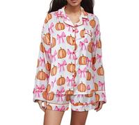 ensswliz Pyjama d'Halloween en satin pour femme, fantôme, citrouille, tête de mort, manches longues, hauts boutonnés et shorts, ensembles de pyjama 2 pièces, A - Rose, S