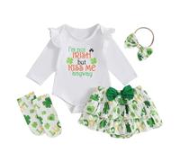 ensswliz Tenue de la Saint-Patrick pour bébé fille avec motif trèfle à manches longues et short à volants avec nœud et bandeau, chaussettes, vêtements de printemps, vert clair, 6-12 mois