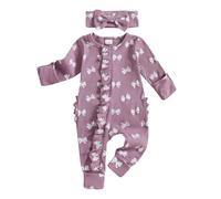 ensswliz Vêtements pour bébé fille prématuré - Tenue pour nouveau-né fille - Combinaison en tricot côtelé - Barboteuse pour bébé - Pour aller à la maison - Vêtements et bandeau, C-violet, 0 mois