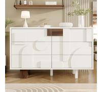 entapuk Buffet -120 * 40 * 75cm- avec Portes Au Design Géométrique,Commode À 6 Tiroirs, Adapté À La Salle À Manger, Meubles De Salon, Pieds en Bois Massif, Blanc