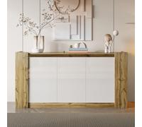 entapuk Buffet, 150 * 40 * 70,5 cm, Armoires en Blanc Brillant Et Bois avec 3 Portes, Design sans Poignée, Portes Biseautées,charnières À Fermeture Douce Et Étagères Réglables