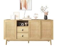 entapuk Buffet, 155x38x80 cm, Commode avec 3 Portes Coulissantes en Rotin Véritable Et 2 Tiroirs, Respirant, pour Salon Et À La Salle À Manger， Bois