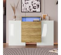 entapuk Buffet à 3 tiroirs, armoire LED, 140 x 30 x 77,5 cm, commode moderne, blanc brillant et couleur bois