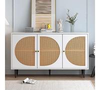 entapuk Buffet armoire avec 3 portes décorées en rotin et poignées en métal pour chambre à coucher, salon et bureau, blanc, 129,8 x 40 x 76 cm