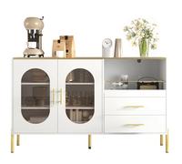 entapuk Buffet avec 2 Tiroirs Et 2 Portes Vitrées -140 L X 38 B X 90 Hcm - Commode Moderne en Blanc avec des Touches Dorées - Nombreux Rangements - pour Le Salon, La Salle À Manger Ou Le Couloir