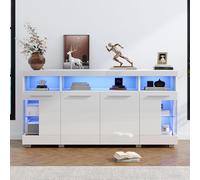 entapuk Buffet avec 4 Portes, Table D'appoint 140 * 40 * 70cm, Meuble D'appoint De Salon Brillant avec Éclairage LED, 2 Compartiments Ouverts, Étagères en Verre, Blanc