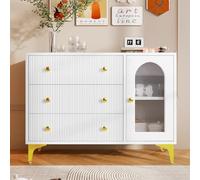entapuk Buffet avec Porte Vitrée, 3 Tiroirs,Meuble De Cuisine, Meuble De Rangement, Meuble D'appoint, Étagères Ouvertes, Poignées Et Pieds Dorés pour Salle À Manger, Salon, Cuisine