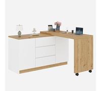 entapuk Buffet avec roulettes Verrouillables, 120 * 50 * 76.5cm, 3 Tiroirs Et 2 Portes, Étagères Réglables, Plateau Rotatif, Verrouillable Solidement, Bureau Pliable, Bureau d'angle, Blanc