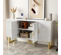 entapuk Buffet Blan, 150 L X 40 B X 82 Hcm, avec 4 Portes Texturées Brillantes Et Poignées Dorées, Étagères Réglables en Hauteur, Grand Espace de Rangement, pour Salon Et La Salle À Manger