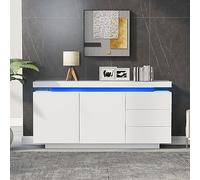 entapuk Buffet, Commode, Buffet Haut, 2 Portes, 3 Tiroirs, Haute Brillance, avec Éclairage LED, Étagère Réglable, sans Poignées, 140 X 35 X 72,5 cm - Blanc, Adapté Au Salon Et À La Salle À Manger