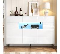 entapuk Buffet De Salon 140 X 30 X 94 cm, avec 3 Tiroirs Et 5 Compartiments, Commode Brillante avec Bande Lumineuse LED, Caisson avec 5 Pieds en Métal, Largeur 140 Cm, MDF, Blanc