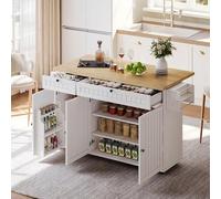 entapuk Buffet, Îlot De Cuisine avec Plan De Travail Rabattable, Meuble De Cuisine sur 6 roulettes Verrouillables, avec Étagère, Étagère De Porte, 2 Tiroirs Et Placard, Blanc, 137 X 89,5 X 45 cm