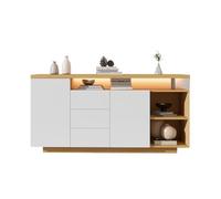 entapuk Buffet Moderne, 140 * 40 * 70 cm, Blanc Et Bois - 2 Portes, 3 Tiroirs, 2 Compartiments Ouverts, avec Éclairage LED，adapté Salle À Manger, Cuisine, Couloir