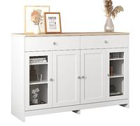 entapuk Buffet Salle à Manger avec 2 Portes Vitrées, Buffet Cuisine, 120 x 37 x 80 cm, Étagères Réglables 2 Tiroirs 4 Portes, Bois Naturel et Blanc