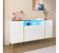 entapuk Commode 1 Tiroir Blanc Brillant, Buffet avec 4 Portes, Éclairage LED， Meuble Moderne pour Salon Et Chambre - L150/p40/h80cm