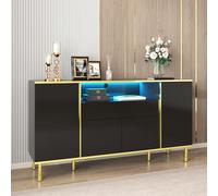 entapuk Commode 1 Tiroir Noir Brillant, Buffet avec 4 Portes, Éclairage LED, Meuble Moderne pour Salon Et Chambre - L150/p40/h80cm