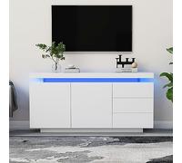 entapuk Commode De Salon Moderne avec 3 Tiroirs Et 2 Portes, Meuble D'appoint, Buffet Haut, Haute Brillance, avec Éclairage LED, sans Poignées, Étagères Réglables,140 X 35 X 72,5 cm - Blanc