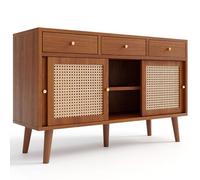 entapuk Commode Tressage en Rotin, À 3 Tiroirs Et 3 Portes Coulissantes, Buffet, Meuble De Rangement, Pieds en Bois Massif, Poignée en Métal Doré, Étagères Réglables, Couleur Noyer, 120 X 40 X 78 cm