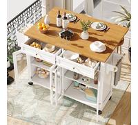 entapuk Îlot De Cuisine， 140 * 44.5 * 90cm, 2 Tiroirs Et 4 Portes， avec roulettes Et Portes Vitrées, Meuble Buffet Mobile, Chariot De Cuisine pour Salle À Manger, Salon, Blanc