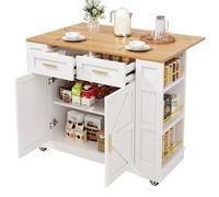 entapuk Îlot De Cuisine avec 2 Portes Et 2 Tiroirs, 120x 40x 90cm, Meuble De Cuisine, Buffet, Voiture-Restaurant avec Grain De Bois, Table À Manger Multifonctionnelle avec Armoires Extensibles, Blanc