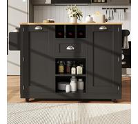 entapuk Îlot De Cuisine Bois, 140 X 40 X 93,5 cm, Chariot De Salle À Manger avec Plan De Travail, Meuble Buffet, Porte-Serviettes Latéral, avec Casier À Vin, avec roulettes, Noir