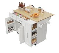 entapuk Îlot De Cuisine, Meuble De Cuisine, Buffet, Table À Manger avec Plan De Travail Extensible, Voiture-Restaurant avec Étagères À Collation Et Armoires Fonctionnelles Extensibles, Blanc