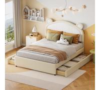 entapuk Lit Double 140x200 cm, Lit Enfant Lit Capitonné avec 4 Rangements, Patchwork Bicolore en Tête De Lit avec De Jolies Formes d'oreilles, Tissu Simili Cuir