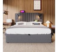 entapuk Lit Double 140x200cm, Lits Rembourré avec Espace De Rangement, Lampe De Lecture avec Charge USB, Dossier avec Design Rivet, avec Sommier À Lattes Et Coffre De Lits