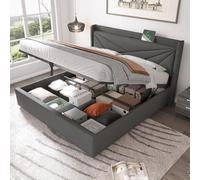 entapuk Lit Double140x200cm, Lit Rembourré Coffre De Rangement avec USB Type C, Lits De Rangement, Lin Lits avec Sommier À Lattes