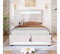 entapuk Lit Simple 90 * 200cm, Lit Rembourré avec Lumières LED Et Port USB, Télécommande App, Support Hydraulique, sans Matelas, Lin, Beige