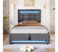 entapuk Lit Simple 90 * 200cm, Lit Rembourré avec Lumières LED Et Port USB, Télécommande App, Support Hydraulique, sans Matelas, Lin, Gris