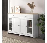 entapuk Meuble de Rangement Blanc, Buffet Cuisine, Placard de Salle à Manger avec 4 Portes（ 2 Portes Vitrées） et 2 tiroirs Salon - 120x37x80cm