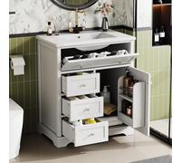 entapuk Meuble De Salle De Bain - 76x46x87cm - avec Lavabo, Meuble Bas, Peinture Résistante À L'humidité, Cadre De Porte, Tiroir Rabattable, Vasque en Céramique, Vasque en Céramique, Blanc