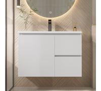 entapuk Meuble De Salle De Bain Mural avec 2 Tiroirs,76x46x50cm, Éclairage LED par Capteur Radar, Meuble sous Vasque, Glissières Silencieuses, Étagères Gauche Et Droite, Vasque Intégrée, Blanc