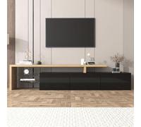 entapuk Meuble TV 197.5 L X 39 B X 42h(cm), Banc TV avec 3 Portes, Compartiments Ouverts, Noir Brillant, Aspect Bois, Étagères en Verre, Éclairage LED, pour Les TV De 80 Pouces