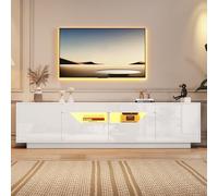 entapuk Meuble TV Bas 180 X 40 X 45 cm, Table TV avec 2 Tiroirs Et 2 Placards, Finition Brillante avec Éclairage LED, Compatible avec Les Téléviseurs 75 Pouces, Blanc