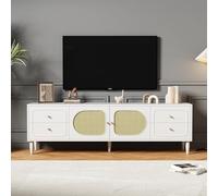 entapuk Meuble TV en Rotin Au Style Rétro - 4 Portes en Rotin, Poignées Dorées, Nombreux Rangements pour Téléviseurs Jusqu'à 80 Pouces, Blanc - 180x40x56.5 cm