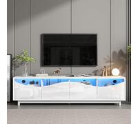 entapuk Meuble TV Incurvé, Brillant Banc TV avec 4 Portes,Blanc, Porte en Verre Trempé, Éclairage LED, Convient comme Meuble De Divertissement, Chambre, Salon, 175 X 38 X 51 Cm