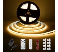Enteenly Ruban LED COB Blanc Chaud 5 mètres - Kit d'éclairage sous Meuble avec Télécommande RF pour Vitrine, Cuisine, Bureau, étagère, Placard - Adaptateur 24V inclus - 2700K